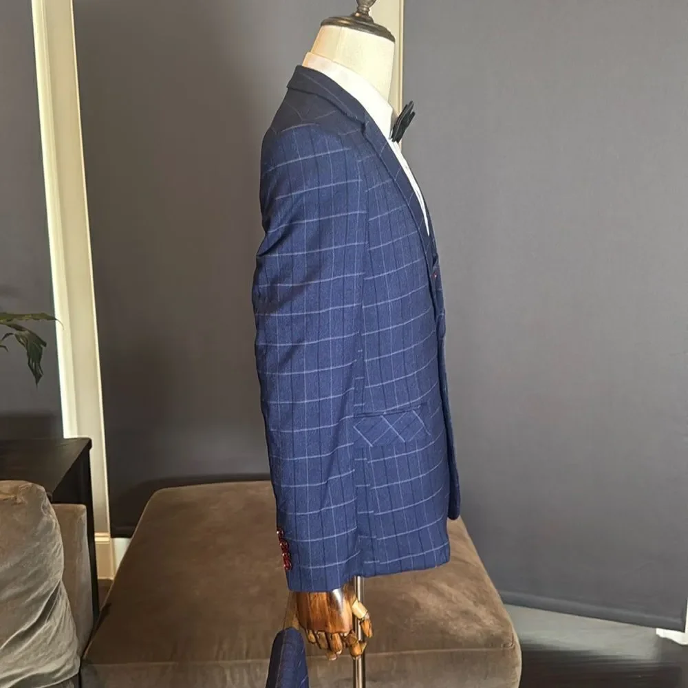 Men’s Blue Plaid 3 Piece Slim Fit Suit Notched Lapel Jacket 44 Pants 40 NEW